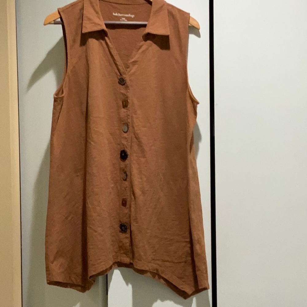Soft Surroundings Brown Sleeveless Button-Down Shirt Size L